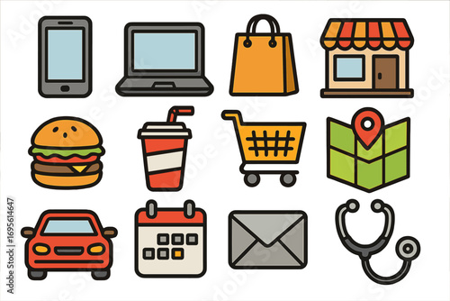 Universal web icons set for everyday services and lifestyle. Vector symbols for online shopping, food delivery, healthcare, business, and travel. Flat cartoon pictogram collection.