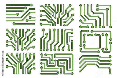 Circuit board vector set. Collection of green electronic and computer hardware components. Technology background with digital data connection lines for futuristic design. PCB