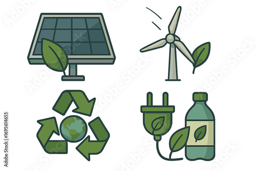 Green energy and ecology icon set. Eco-friendly and sustainable power sources. Solar panel, wind turbine, planet earth recycling symbol, and alternative biofuel concept vector.