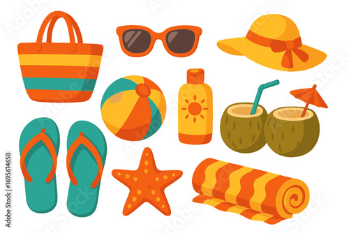 Summer vacation essentials set. Colorful beach accessories for fun and relaxation. Vector cartoon illustration of travel items: bag, sunglasses, hat, ball, sunscreen, coconut.