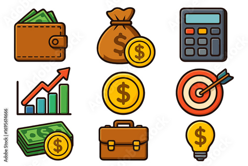 Finance and business icons set. Vector cartoon illustration for investment, savings, and money management. Includes wallet, calculator, growth chart, target, and profit symbols.