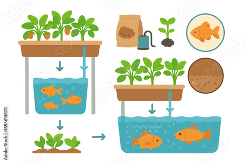 Aquaponics system guide with fish and plants for home gardening. Vector cartoon illustration set showing the symbiotic ecosystem cycle, water filtration, and plant growth.