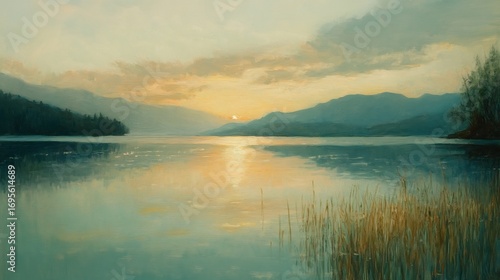 Wallpaper Mural Serene Sunset Lake:  Peaceful Landscape Painting in Soft Hues Torontodigital.ca