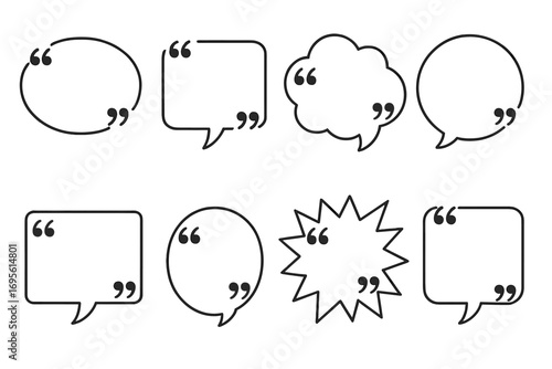 Quote box frame vector collection. Speech bubble icon set. Chat balloon shape for text. Dialogue talk sign. Minimalist outline design element. Empty comic comment message box.