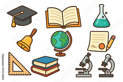 School education icon set. Vector cartoon collection of learning and science symbols. Graduation cap, book, globe, microscope, diploma. Back to school concept design.