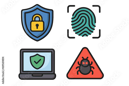 Cybersecurity vector icon set. Data protection, privacy concepts. Fingerprint scan for authentication. Secure laptop, antivirus. Malware, bug, virus warning sign. Shield, lock.