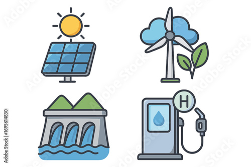 Renewable energy icon set with solar panel, wind turbine, hydropower dam, and hydrogen fuel station. Green power, clean technology, and sustainability vector cartoon symbols.