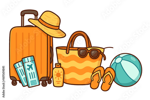 Travel essentials for a sunny vacation getaway. Summer beach accessories concept with luggage, airline tickets, sun hat, bag, and flip flops. Vector cartoon illustration.