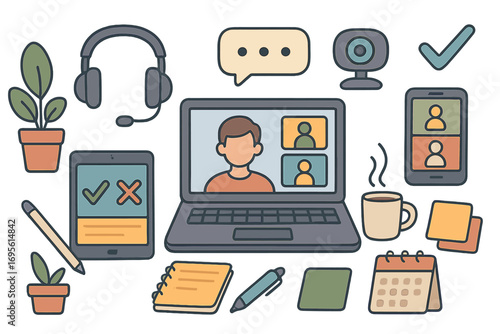 Online collaboration and modern workspace vector icons. Set for remote work, video conference, webinar, and e-learning. Digital tools for business communication and freelance.