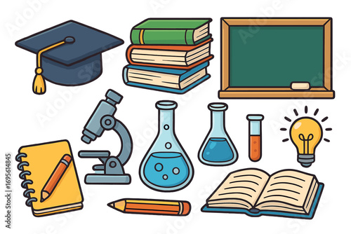 Education and science icon set. Vector cartoon collection of school items like graduation cap, books, microscope, chalkboard. Learning, knowledge, and study concept.