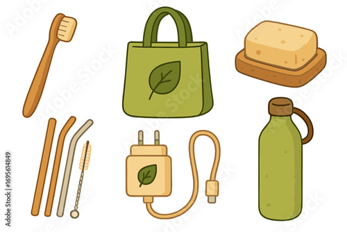 Eco friendly products set for sustainable living. Zero waste lifestyle. Reusable bag, bamboo toothbrush, soap, straws, bottle, green charger. Vector cartoon illustration.