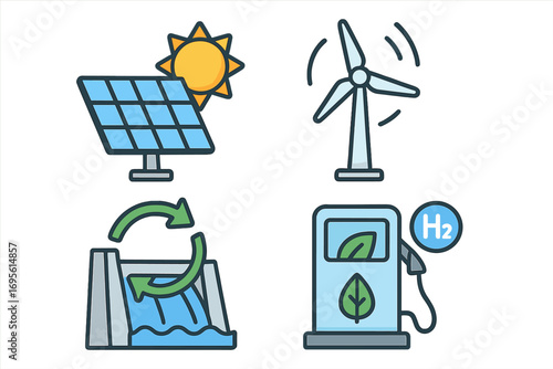Renewable energy icon set. Solar panel, wind turbine, hydroelectric power dam, and H2 hydrogen fuel pump. Clean, green, sustainable power generation. Eco friendly technology.