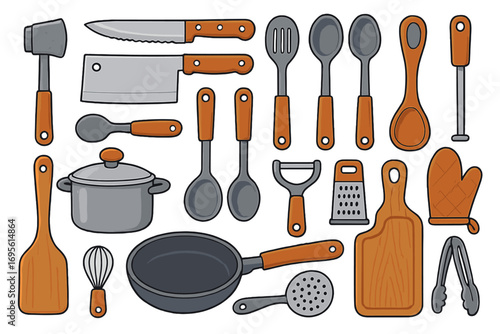 Kitchen utensils and cooking tools set. Vector cartoon illustration for culinary use. Cookware collection with knife, pan, pot, spatula, spoon, grater and whisk on a background.