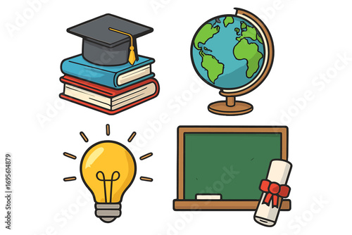 Set of educational vector icons. Graduation cap on books, world globe, idea lightbulb, blackboard, diploma. Concept of learning, knowledge, achievement, and study.
