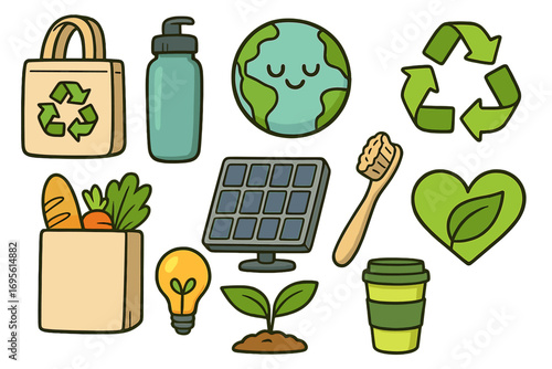 Set of eco friendly items for sustainable living. Vector cartoon icons for zero waste, recycling, green energy. Reusable bag, bottle, solar panel for Earth Day promotion.