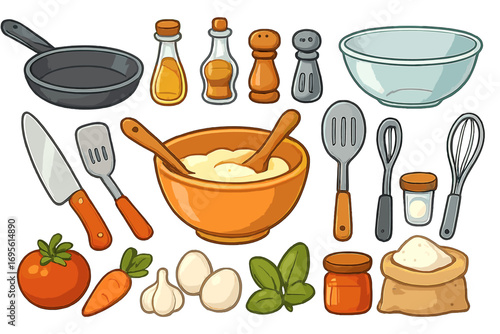 Cooking ingredients and kitchen utensils set. Cartoon vector illustration for food preparation. Includes pan, bowl, eggs, flour, oil, vegetables, salt, pepper, and whisk.