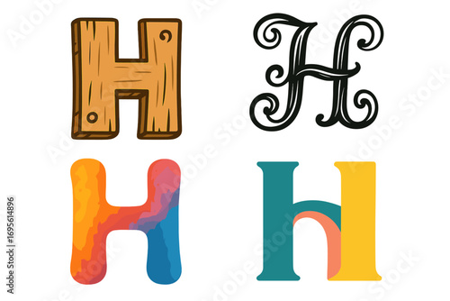 Letter H font collection. Set of four different style alphabets. Wooden cartoon, vintage calligraphic, watercolor, and modern retro typography. Vector logo design element.