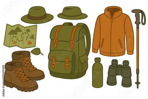 Hiking gear essentials for outdoor adventure. Trekking equipment set for camping exploration. Vector flat lay of backpack, boots, map, binoculars, jacket, and pole. Tourism.