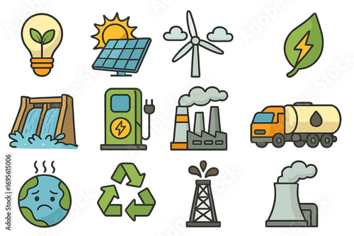 Energy icon set. Renewable and fossil fuel sources. Solar, wind, hydro power. Pollution, factory, global warming, recycling symbols. Vector cartoon illustration.