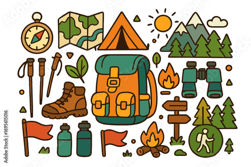Hiking and camping icon set. Outdoor adventure travel equipment collection. Vector cartoon illustration of backpack, tent, mountain, campfire, map, compass and boots symbols.