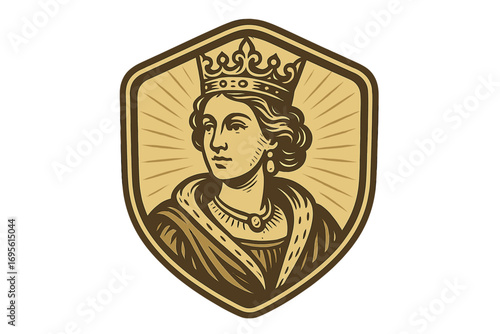 Vintage queen logo emblem. Royal monarch in crown on a shield crest. Retro vector illustration for brand identity. Noble lady, empress head portrait. Historical insignia design.