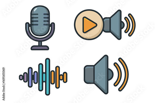 Audio icon set for voice recording, playback, and sound production. Vector cartoon illustration of microphone, speaker, soundwave, play button for web, UI, and apps.