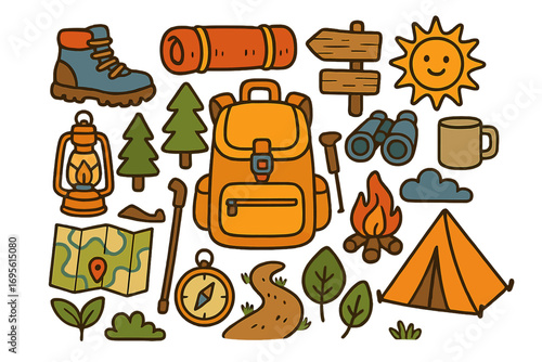 Hiking and camping equipment icon set. Outdoor adventure travel symbols. Vector cartoon collection with backpack, tent, boot, campfire, map, and compass for nature exploration.