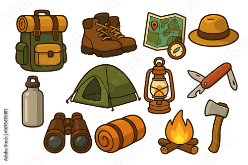 Set of camping and hiking equipment icons. Outdoor adventure and nature travel essentials. Includes backpack, tent, boots, map, compass, lantern, campfire, axe and sleeping bag.