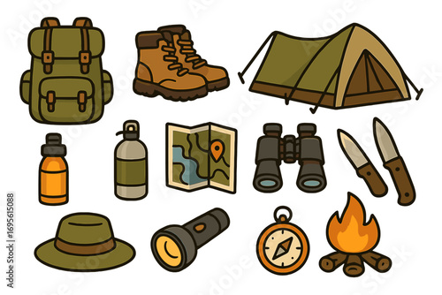 Outdoor camping gear icons. Hiking essentials and campfire setup for nature enthusiasts. Vector cartoon illustration collection. Adventure, travel, survival equipment elements.