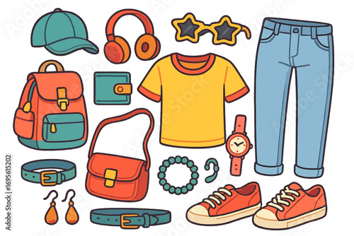 Set of casual fashion clothes and accessories. Stylish daily outfit elements. Jeans, t-shirt, sneakers, backpack, bag, cap, headphones. Vector cartoon doodle illustration.