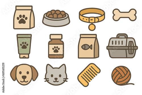 Pet care icon set. Dog and cat accessories. Veterinary, grooming, food, toy symbols. Animal care elements. Pet shop items. Simple flat cartoon vector illustration for web.