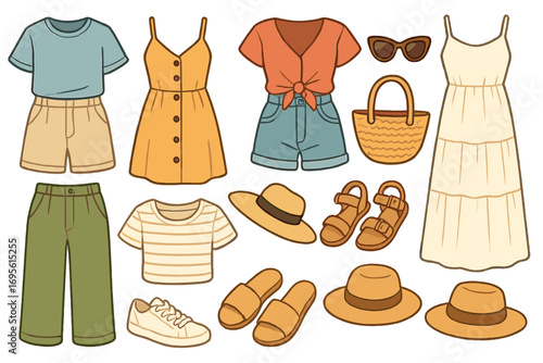Summer fashion women's clothing set. Casual vacation outfits collection. Vector illustration of dress, shorts, shirt, hat, shoes. Apparel and accessories for beach holiday.