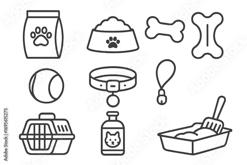 Pet care icon set. Line art collection of essential dog and cat supplies. Food, toys, collar, leash, carrier, and litter box. Vector illustration for pet shop or veterinary clinic.