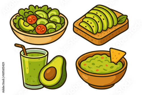 Avocado dishes food set. Healthy lifestyle cartoon icons. Avocado toast, salad, guacamole, smoothie. Fresh organic meal for vegan diet. Vector illustration for nutrition concept.