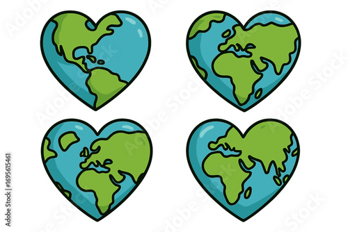 Heart shaped earth planet globes. Love our world concept. Eco friendly campaign for environment care and awareness. Vector cartoon illustration icon set for Earth Day celebration.