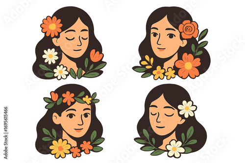 Woman face with flowers vector set. Female head collection. Beauty spring concept. Girl portrait with floral wreath. Natural cosmetic. Skincare logo. Avatar pack. Flat design.