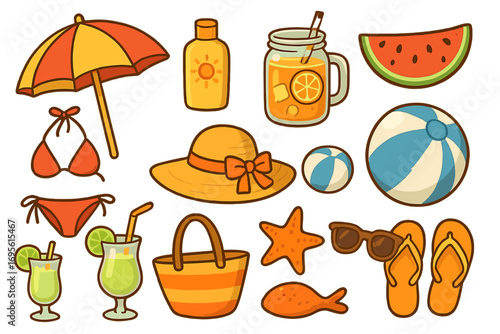 Cartoon set of summer beach accessories. Fun vacation and holiday elements. Vector clip art collection with umbrella, bikini, drink, hat, sunglasses, ball, and sunscreen.