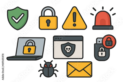 Cybersecurity icons for internet safety & data protection. Vector set with shield, lock, malware bug, virus warning, hacking alert, & phishing email symbols. Secure tech.