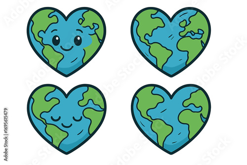 Set of Earth globes in heart shape. Love the planet concept. World Environment Day symbol. Cute kawaii Earth with face. Eco-friendly vector cartoon illustration collection.