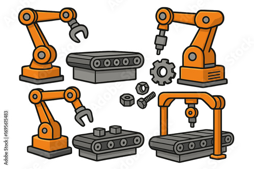 Industrial automation. Robotic arm icon set. Conveyor belt. Factory manufacturing process. Assembly line technology. Production machine parts. Engineering vector elements.