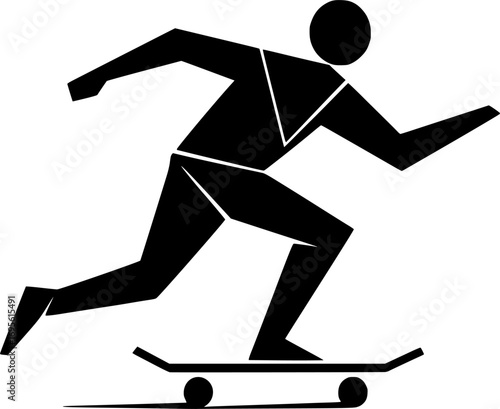 Black and white abstract geometric vector of a skater in motion, minimalist dynamic illustration with clean lines for posters, prints, and graphic design