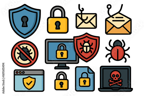 Cybersecurity icon set for data protection and digital safety. Vector collection of security symbols like shield, lock, phishing hook, virus bug, and antivirus sign.