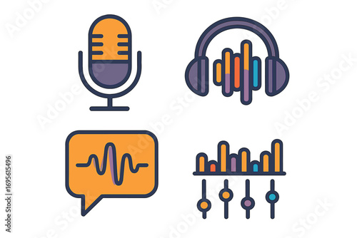 Podcast audio icon set. Vector cartoon illustration of microphone, headphones, sound wave, speech bubble, and equalizer for music recording, broadcast, radio, streaming show.