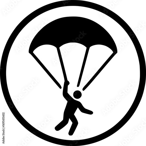 Black and white minimal vector logo of a parachutist silhouette, clean design ideal for skydiving, extreme sports, aviation, and adventure-themed branding or illustrations