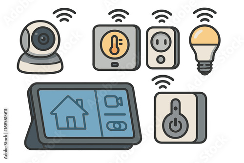 Smart home automation device vector icon set. Modern technology for convenience and modern living. Includes security camera, thermostat, plug, lightbulb, hub, switch. IoT.