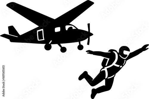 Black and white minimal vector of a skydiver jumping from an airplane, clean silhouette design ideal for skydiving, extreme sports, aviation, and adventure themes