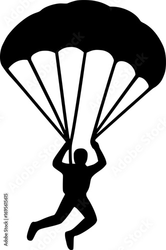 Black and white minimal vector of a parachutist silhouette, clean design perfect for skydiving, extreme sports, aviation, and adventure-themed illustrations