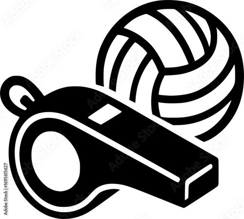 Black and white vector icon of a referee whistle for netball, minimalist sports equipment illustration for posters, prints, and graphic design
