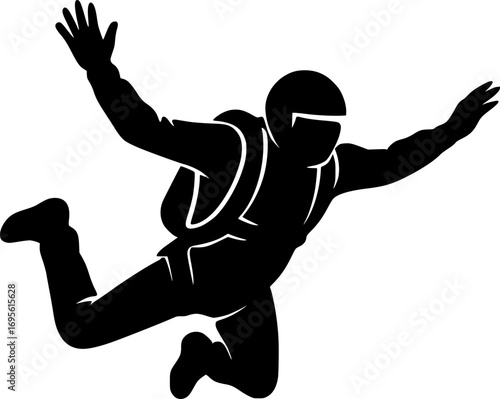 Black and white silhouette vector of a skydiver in freefall, minimalist design ideal for skydiving, extreme sports, aviation, and adventure themes