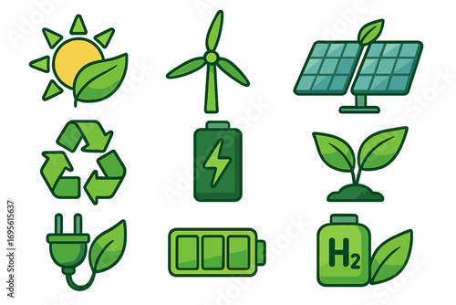 Modern green energy icons set showcasing renewable energy sources, recycling, electric batteries, hydrogen technology, solar power, wind turbines, eco-friendly design vector cartoon illustration